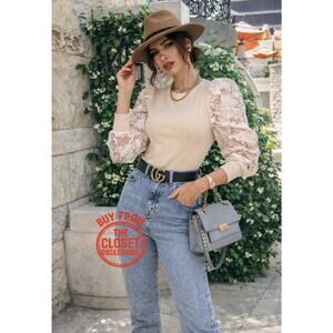 ZARA Knit Top with Lace Sleeves NWT Beige Long Sleeve